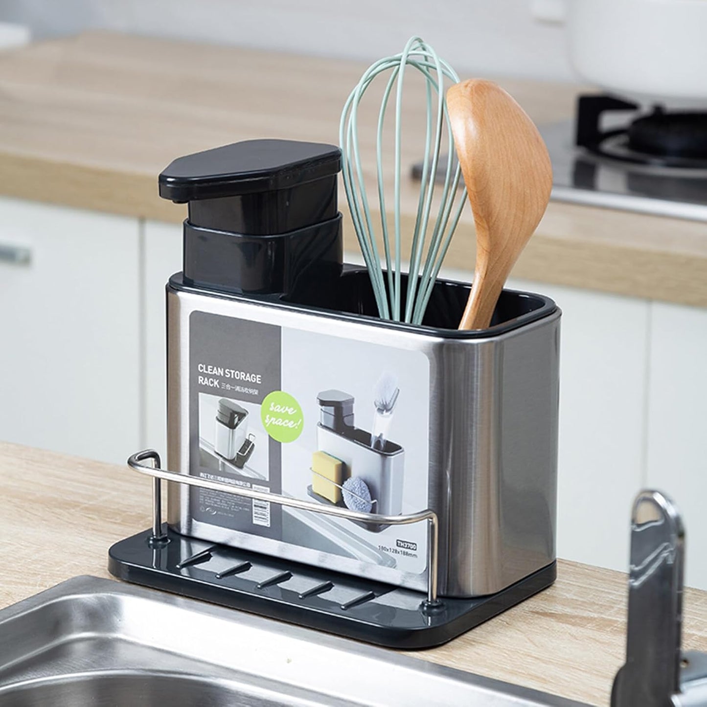 3-in-1 Soap Dispenser for Kitchen Sink, Stainless Steel Kitchen Sink Organizer Tray Drainer Rack with Sponge Holder and Brush Holder