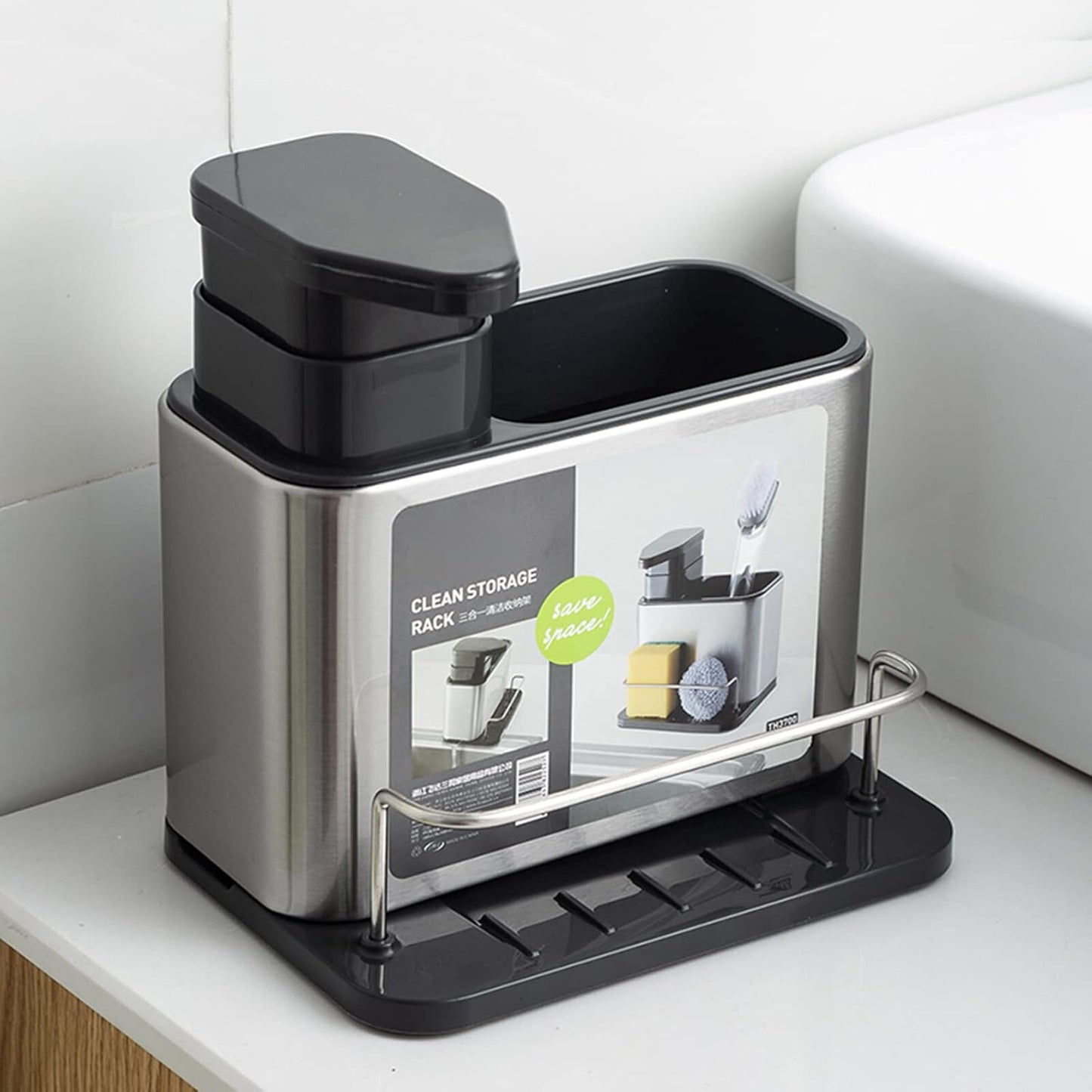 3-in-1 Soap Dispenser for Kitchen Sink, Stainless Steel Kitchen Sink Organizer Tray Drainer Rack with Sponge Holder and Brush Holder