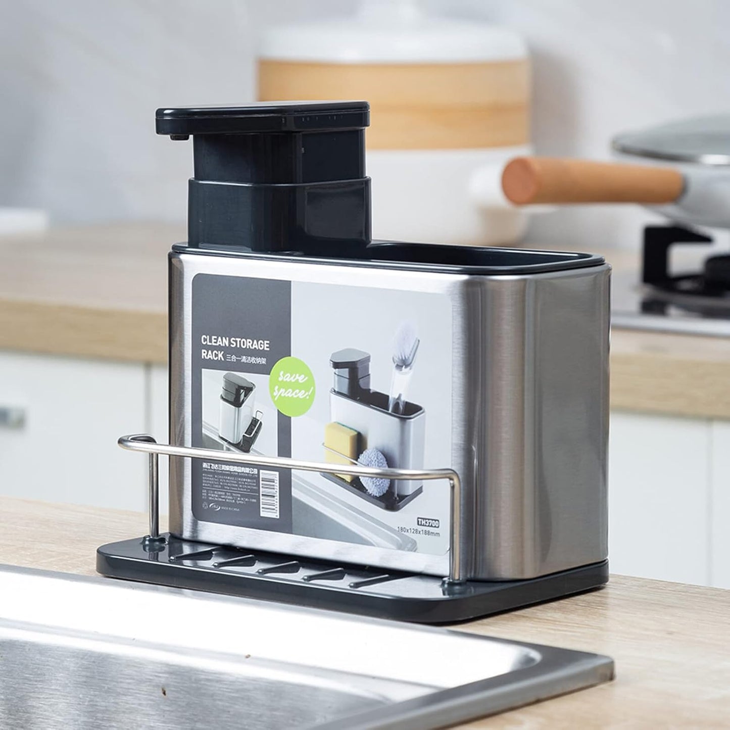 3-in-1 Soap Dispenser for Kitchen Sink, Stainless Steel Kitchen Sink Organizer Tray Drainer Rack with Sponge Holder and Brush Holder