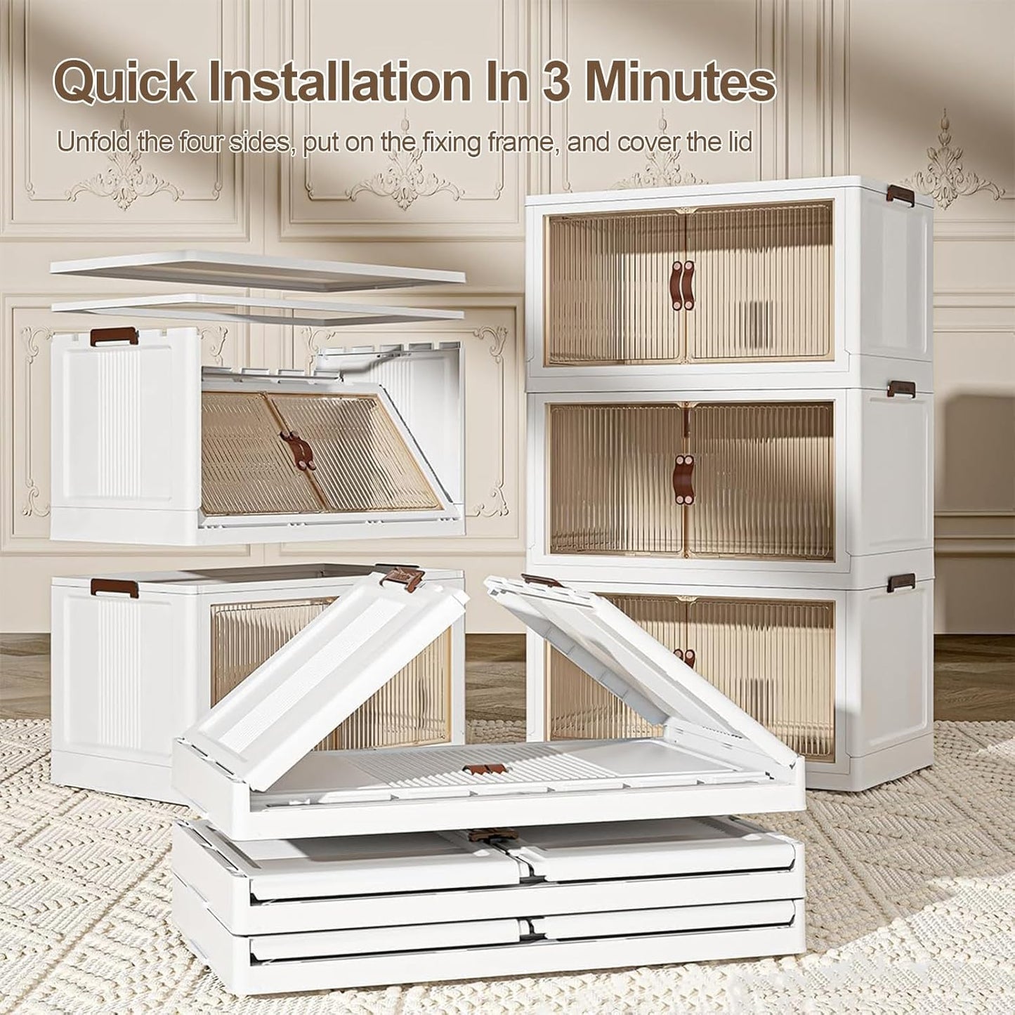 Stackable Storage Bins with Lids, 5 Tier Plastic Storage Cabinets Closet Organizers with Doors, Folding Storage Boxes for Home Kitchen Dorm