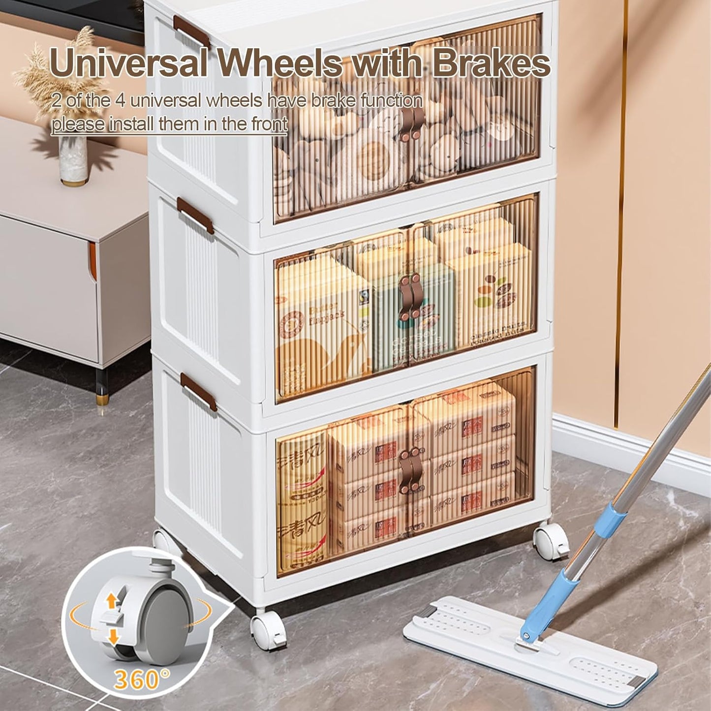 Stackable Storage Bins with Lids, 5 Tier Plastic Storage Cabinets Closet Organizers with Doors, Folding Storage Boxes for Home Kitchen Dorm