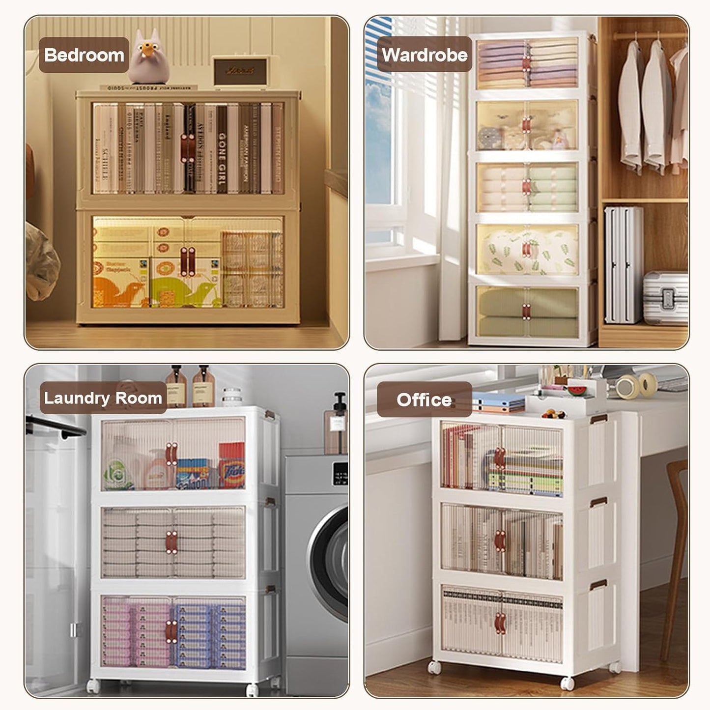 Stackable Storage Bins with Lids, 5 Tier Plastic Storage Cabinets Closet Organizers with Doors, Folding Storage Boxes for Home Kitchen Dorm