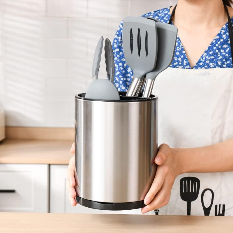 Stainless Steel Cooking Utensil Holder, 360° Rotating Kitchen Utensil Holder, Utensil Caddy Storage Organizer for Countertop