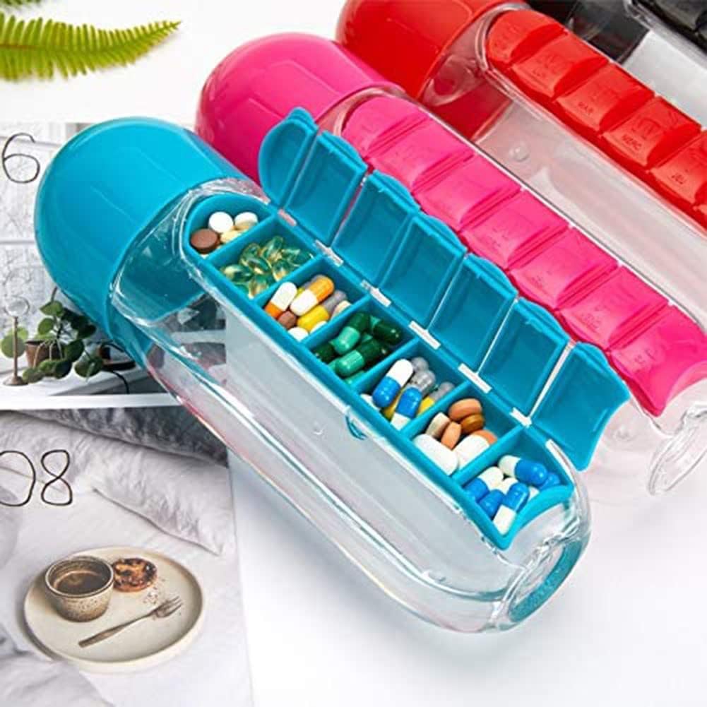 Water Bottle with Weekly Pill Organizer & Detachable Cup