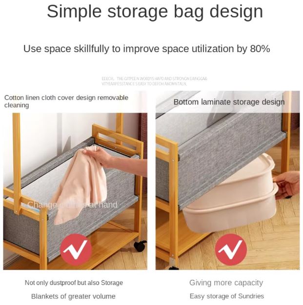 Wooden Coat Rack Stand With Fabric Basket Clothes Rack With 360° Wheels For Bedroom And Living Room