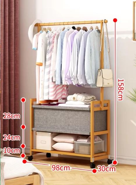 Wooden Coat Rack Stand With Fabric Basket Clothes Rack With 360° Wheels For Bedroom And Living Room