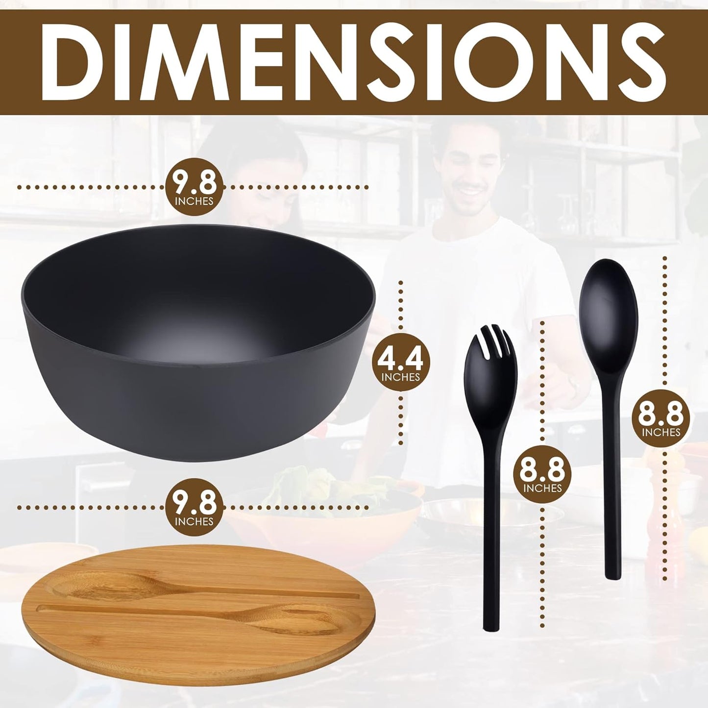 Bamboo Fiber Salad Bowl with Servers Set, Large Solid Wooden Salad Bowls With Lid, Fiber Spoon and Fork