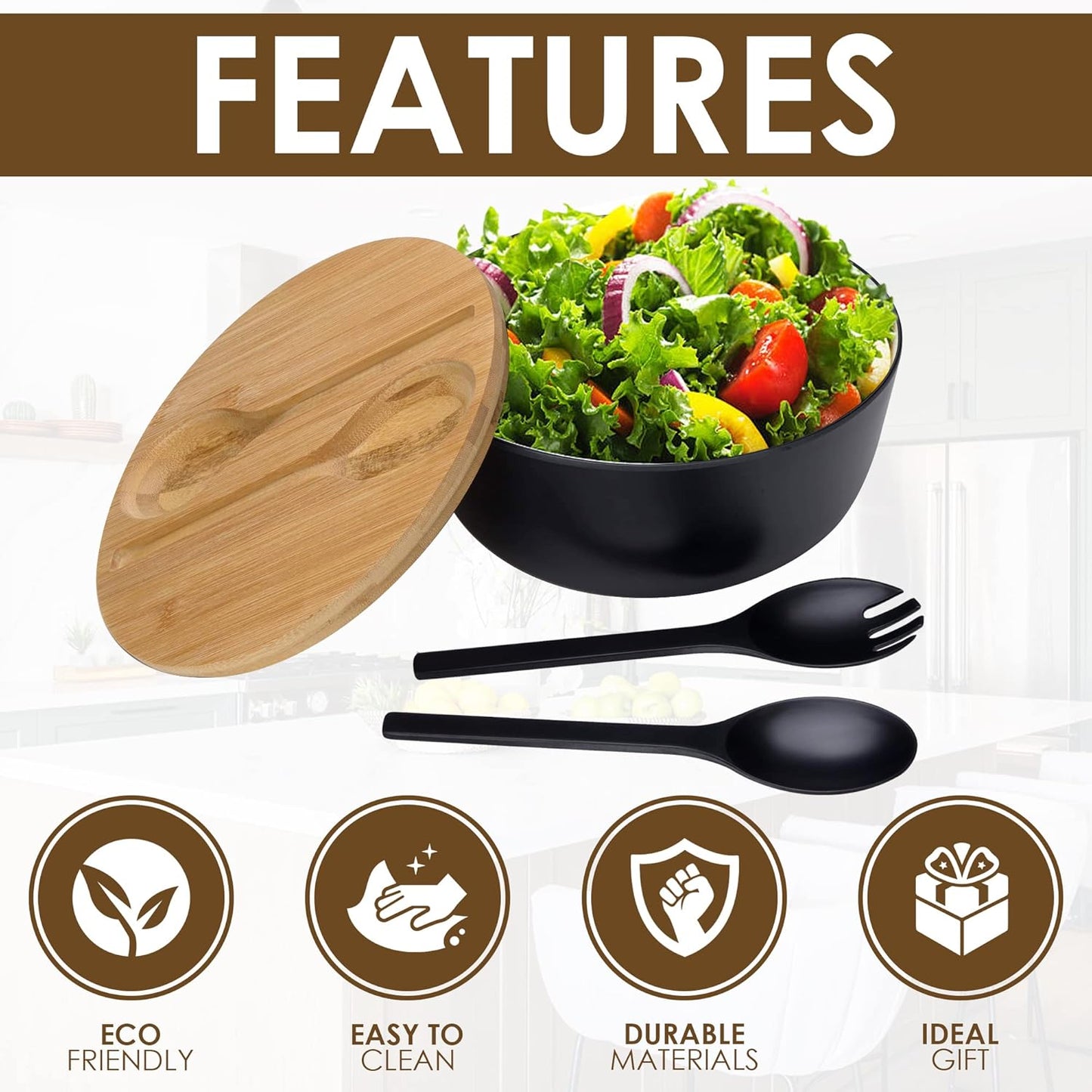 Bamboo Fiber Salad Bowl with Servers Set, Large Solid Wooden Salad Bowls With Lid, Fiber Spoon and Fork