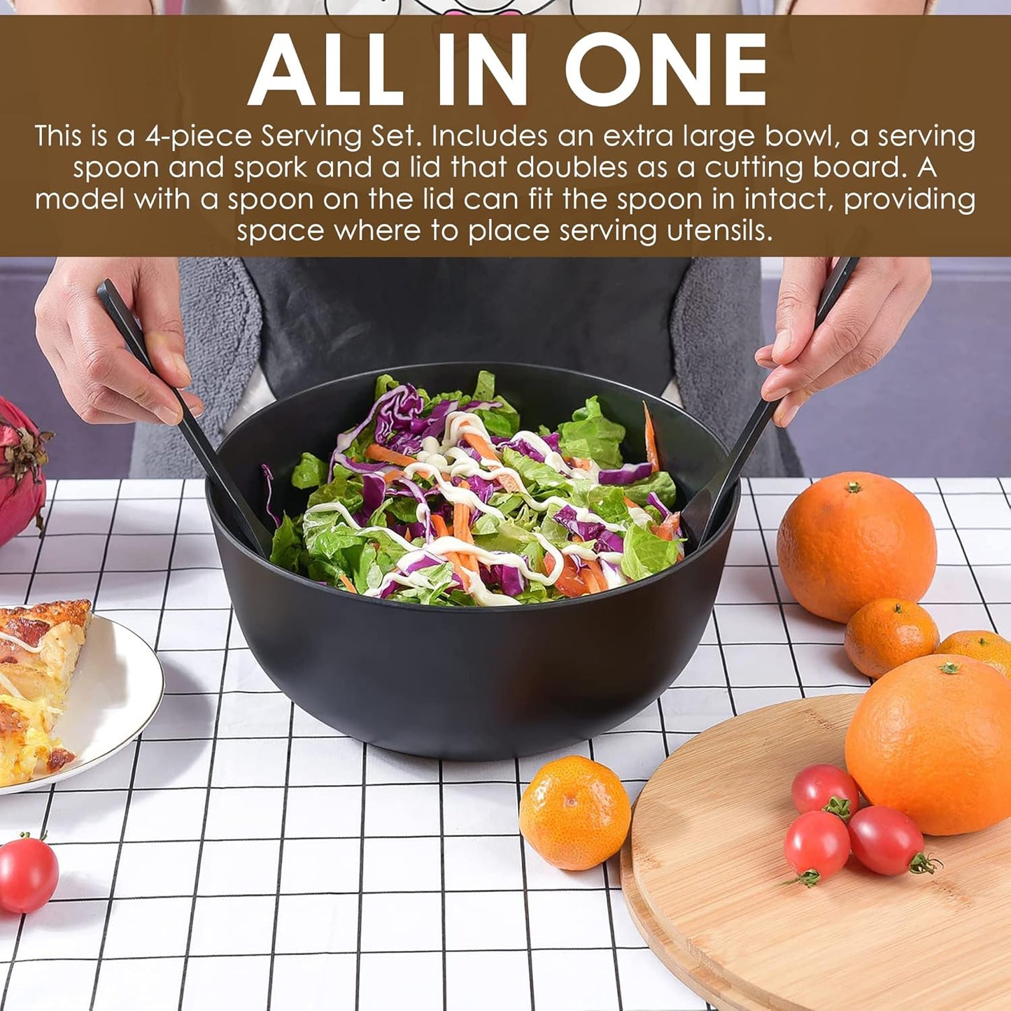 Bamboo Fiber Salad Bowl with Servers Set, Large Solid Wooden Salad Bowls With Lid, Fiber Spoon and Fork