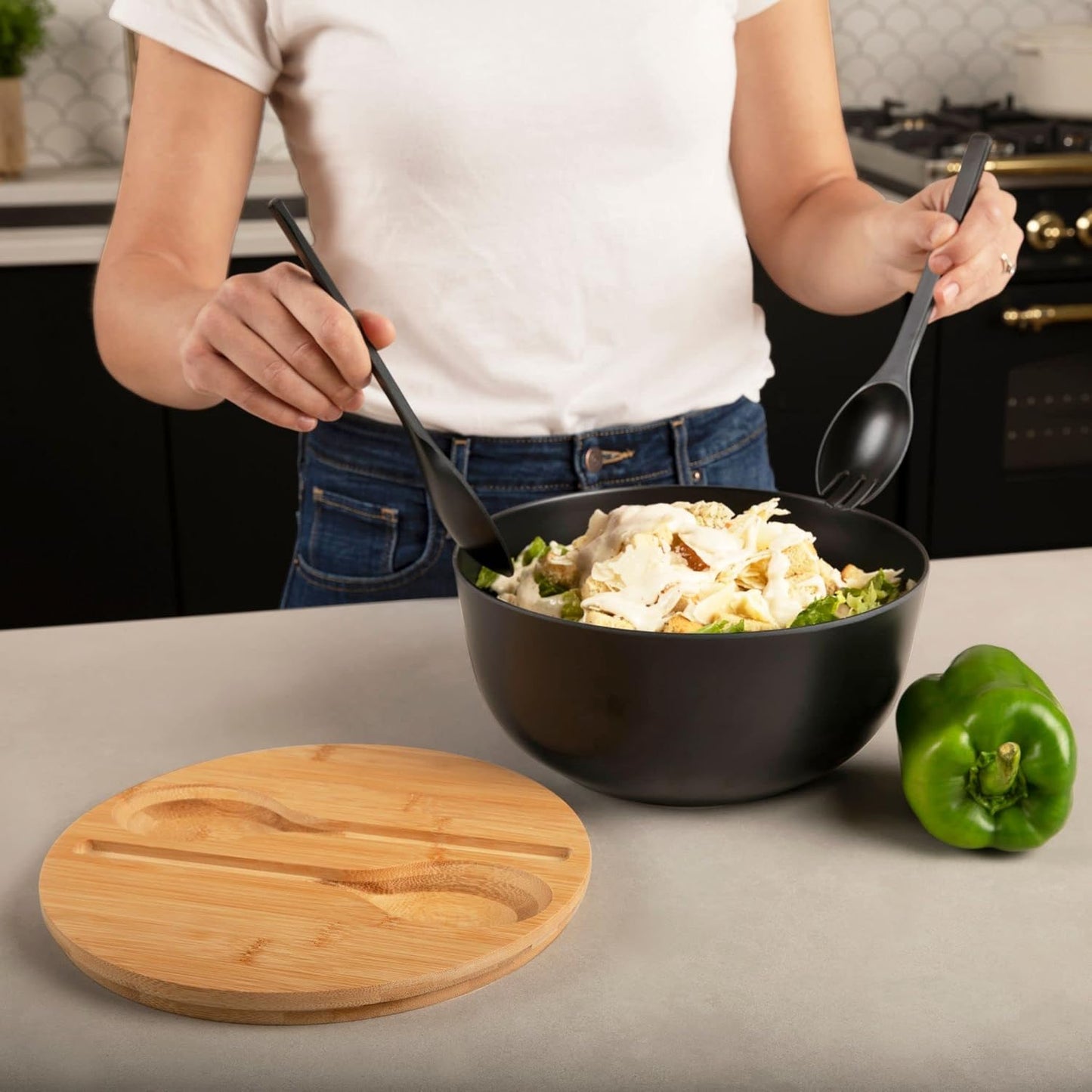 Bamboo Fiber Salad Bowl with Servers Set, Large Solid Wooden Salad Bowls With Lid, Fiber Spoon and Fork