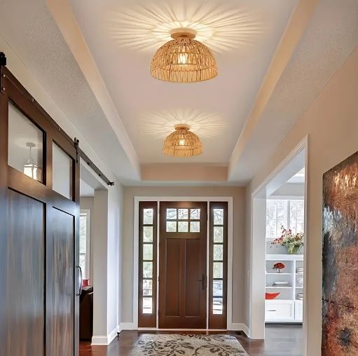 1pc Woven Rattan Ceiling Light, Handcrafted Chandelier for Kitchen, Living Room, Bedroom, Cafe